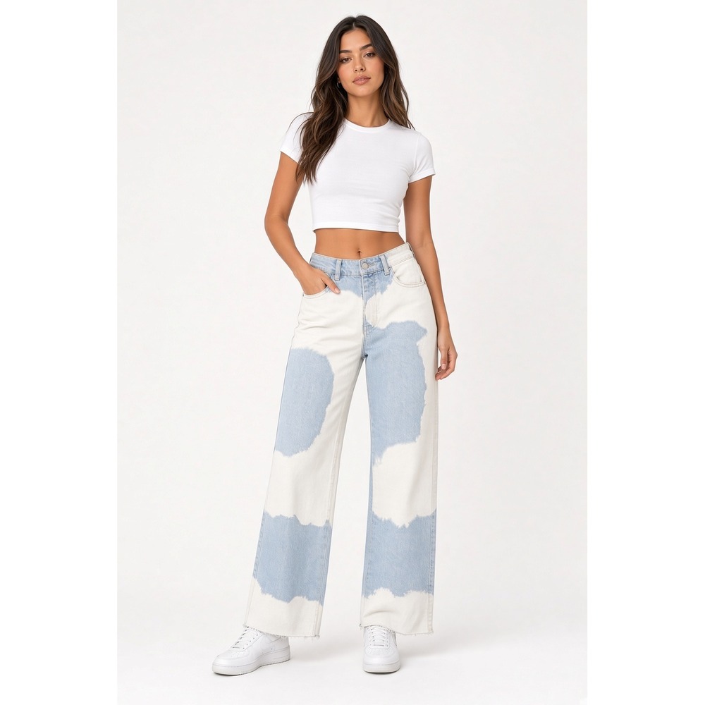 Zara High Rise Straight Leg Cloud Print Jeans Blue White Ankle Rigid Size 4